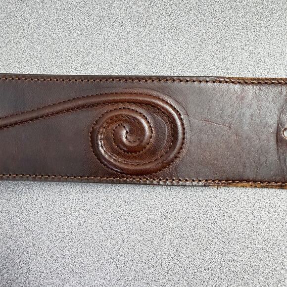 Jennifer Graham Leather Belt Womens Medium Brown Brass Buckle Embossed Boho 1.75